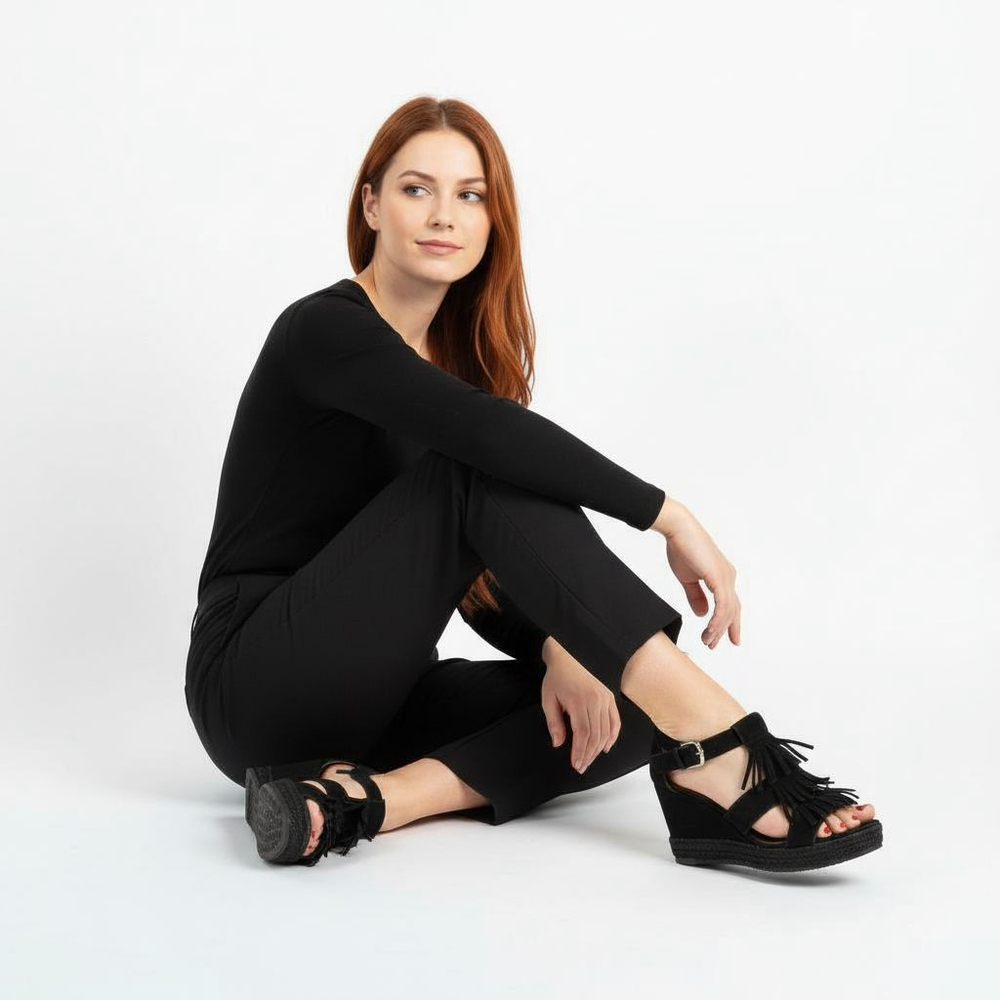 Bernardo Black Suede Fringe Wedge Sandals - 6
